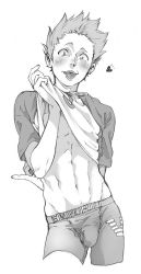 Rule 34 | 1boy, bad id, bad pixiv id, benjyo mushi, bulge, clothes lift, greyscale, haikyuu!!, lifted by self, looking at viewer, male focus, monochrome, raglan sleeves, shirt lift, simple background, smile, solo, sportswear, tendou satori, toned, toned male, tongue, tongue out