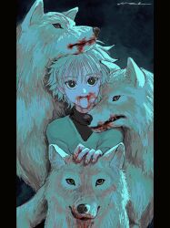 Rule 34 | 1boy, animal, artist name, blood, blood from mouth, blood on face, blood on hands, child, commentary request, dinner, highres, hunter x hunter, kaze no, killua zoldyck, looking at viewer, male focus, nature, petting, simple background, solo, white hair, white wolf, wolf