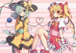 Rule 34 | 2girls, beni kurage, black footwear, blonde hair, blush, bow, commentary request, finger to mouth, flandre scarlet, frills, green eyes, green hair, green sash, hair bow, hat, hat bow, heart, heart of string, highres, komeiji koishi, long sleeves, looking at viewer, mary janes, mob cap, multiple girls, one eye closed, petticoat, pink background, pink sash, puffy short sleeves, puffy sleeves, red bow, red eyes, red footwear, sailor collar, sash, shirt, shoes, short hair, short sleeves, side ponytail, sitting, socks, third eye, touhou, white legwear, wide sleeves, wings, wrist cuffs, yellow bow, yellow neckwear, yellow shirt