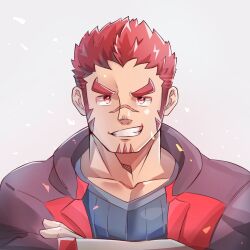 Rule 34 | 1boy, akashi (live a hero), bara, bulge, crossed arms, facial hair, goatee, grin, highres, live a hero, long sideburns, looking at viewer, male focus, muscular, muscular male, pectorals, petals, portrait, poteto02888292, red eyes, red hair, scar, scar on face, scar on nose, short hair, sideburns, smile, solo, thick eyebrows, v-shaped eyebrows