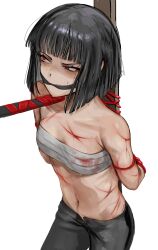Rule 34 | 1girl, absurdres, black hair, black pants, blood, blood on clothes, bob cut, bound, chest sarashi, gag, highres, improvised gag, limbus company, looking to the side, na-gyou (nunumaru), pants, project moon, red eyes, red ribbon, ribbon, ryoshu (project moon), sarashi, scar, scar on chest, short hair, simple background, solo, white background