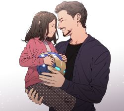 Rule 34 | 1boy, 1girl, animification, avengers: endgame, avengers (series), black shirt, brown hair, brown pants, buttons, carrying, carrying person, child, closed eyes, collarbone, facial hair, father and daughter, gradient background, grey background, hands up, happy, helmet, holding, jacket, long sleeves, marvel, marvel cinematic universe, medium hair, morgan stark, open clothes, open jacket, pants, pink jacket, polka dot, polka dot pants, puffy long sleeves, puffy sleeves, purple jacket, shirt, short hair, simple background, smile, standing, t-shirt, teeth, tony stark, white background, white shirt, yukko93
