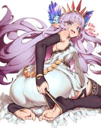 Rule 34 | 1girl, absurdres, ass, blue eyes, brown sleeves, brown thighhighs, detached sleeves, dress, english text, feet, flower ornament, granblue fantasy, hair ornament, highres, kneeling, lily (granblue fantasy), long sleeves, looking at viewer, looking back, no shoes, open mouth, penguru 086, pointy ears, presenting, smile, soles, thighhighs, tiara, toeless legwear, toes