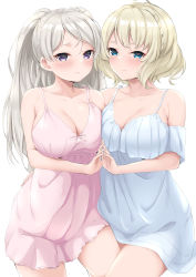 Rule 34 | 2girls, ahoge, alternate costume, asymmetrical docking, babydoll, blonde hair, blue babydoll, blue eyes, blush, breast press, breasts, cleavage, closed mouth, colorado (kancolle), conte di cavour (kancolle), highres, kantai collection, large breasts, long hair, multiple girls, pink babydoll, purple eyes, short hair, silver hair, simple background, takomeshi, white background