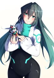 Rule 34 | 1girl, absurdres, aqua eyes, aqua hair, black bodysuit, black hair, blush, bodysuit, breasts, core gundam, covered navel, gradient background, gradient hair, gundam, gundam build divers, gundam build divers re:rise, gunpla, hair between eyes, highres, holding, holding toy, leaning to the side, looking up, may (gundam build divers re:rise), medium breasts, model kit, multicolored hair, redqueen, shrug (clothing), smile, solo, toy, white background