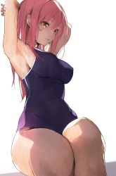 Rule 34 | 1girl, armpits, breasts, competition swimsuit, highres, large breasts, one-piece swimsuit, original, pink hair, pisuta (yamashiro), sitting, solo, stretching, swimsuit, thick thighs, thighs, yellow eyes