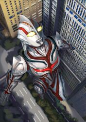 Rule 34 | 1boy, alien, armor, building, chest jewel, city, doukesi969, elbow blade, elbow spikes, flying, from above, giant, glowing, glowing eyes, highres, kaijin, looking up, no humans, no pupils, road, seijin, skyscraper, superhero costume, tree, tsuburaya productions, ultra series, ultraman: the next, ultraman the next, yellow eyes