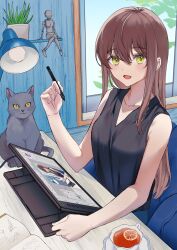 Rule 34 | 1girl, :d, absurdres, arm rest, armpit crease, bare shoulders, black shirt, blush, book, breasts, brown hair, cat, collarbone, cup, day, desk lamp, doll, dot nose, drink, food, fruit, hair between eyes, highres, indoors, lamp, long hair, looking at viewer, medium breasts, nagi (pickles pipipi), notebook, open book, open mouth, orange (fruit), orange slice, original, plant, potted plant, raised eyebrows, saucer, shelf, shirt, sidelocks, sleeveless, sleeveless shirt, smile, solo, straight hair, tablet pc, teacup, window, yellow eyes