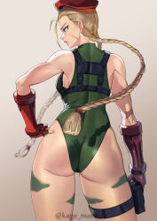 Rule 34 | 1girl, absurdres, ass, backboob, beret, blonde hair, blue eyes, bodypaint, braid, breasts, cammy white, chest harness, commentary, curvy, from behind, green leotard, hand on own hip, harness, hat, highres, huge ass, kagematsuri, lar, leotard, long hair, low twin braids, pouch, red hat, scar, scar on face, shiny skin, solo, street fighter, thigh pouch, thong leotard, twin braids, twitter username, wide hips