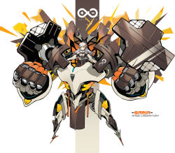 Rule 34 | 1girl, :o, absurdres, arknights, black skirt, character name, chinese commentary, claws, clenched hands, commentary request, fire, hair between eyes, highres, horns, long hair, long sleeves, looking at viewer, mecha, orange eyes, rhine lab logo, robot, saria (arknights), shield, shinnasuka025, shirt, silver hair, skirt, swept bangs, white background, white shirt