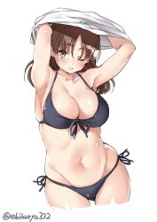 Rule 34 | 1girl, bikini, black bikini, blush, breasts, brown eyes, brown hair, chiyoda (kancolle), cleavage, closed mouth, ebifurya, front-tie bikini top, front-tie top, hair between eyes, highres, kantai collection, large breasts, long hair, looking at viewer, one-hour drawing challenge, one eye closed, parted lips, side-tie bikini bottom, simple background, solo, swimsuit, twitter username, white background