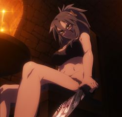 Rule 34 | 1girl, blood, bra, celenike icecolle yggdmillennia, fate/apocrypha, fate (series), female focus, from below, grey hair, highres, knife, navel, panties, ponytail, screencap, sitting, solo, stitched, third-party edit, underwear, weapon
