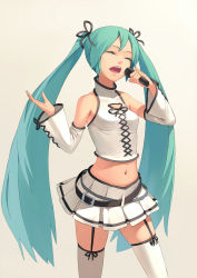 Rule 34 | 1girl, alternate costume, aqua hair, bare shoulders, belt, closed eyes, crop top, detached sleeves, fkey, garter straps, hatsune miku, highres, long hair, microphone, midriff, miniskirt, music, nail polish, navel, pinky out, project diva (series), project diva 2nd, simple background, singing, skindentation, skirt, sleeveless, sleeveless turtleneck, solo, thighhighs, turtleneck, twintails, very long hair, vocaloid, voice (vocaloid), zettai ryouiki