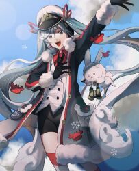 Rule 34 | 1girl, aqua hair, binoculars, black gloves, black necktie, black shorts, blue coat, blue eyes, blue sky, buttons, cloud, coat, collared jacket, collared shirt, commentary, crab print, eyelashes, fur trim, gloves, gradient coat, hair ribbon, hand on own chest, hat, hatsune miku, highres, jacket, kneehighs, komatsu2536, long hair, long sleeves, looking at viewer, necktie, official alternate costume, open clothes, open coat, open mouth, outdoors, outstretched arm, pocket, rabbit, rabbit yukine, red ribbon, red shirt, ribbon, sailor hat, shirt, shorts, sky, smile, snowflake print, snowflakes, snowing, socks, striped clothes, striped thighhighs, symbol-only commentary, teeth, thighhighs, twintails, upper teeth only, very long hair, vocaloid, white hat, white jacket, white socks, yuki miku, yuki miku (2022)