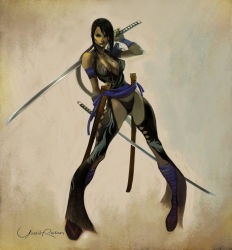 Rule 34 | 1girl, black hair, breasts, cleavage, dual wielding, hair over one eye, holding, katana, panties, ponytail, revealing clothes, sandals, scabbard, seeso2d, sheath, shura (soulcalibur), skull, solo, soul calibur, soulcalibur, soulcalibur iv, sword, thong, underwear, weapon