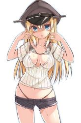 Rule 34 | 10s, 1girl, bikini, bikini top lift, bikini under clothes, bismarck (kancolle), blonde hair, blue eyes, blush, bra, breasts, chestnut mouth, cleavage cutout, clothes lift, clothing cutout, commentary request, female focus, hat, kantai collection, large breasts, long hair, looking at viewer, md5 mismatch, navel, no legwear, ohta yuichi, open mouth, peaked cap, resized, resolution mismatch, short shorts, shorts, simple background, solo, source larger, striped bikini, striped bra, striped clothes, sweat, sweater, swimsuit, swimsuit under clothes, thong, underwear, upper body, v-neck, very long hair, white background