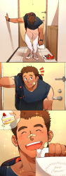 Rule 34 | 1boy, absurdres, bandaid, bandaid on cheek, bandaid on face, bandaid on nose, bara, bare shoulders, blue eyes, blush, brown hair, cake, dark-skinned male, dark skin, fle0423, food, highres, holding, incoming food, male focus, muscular, muscular male, nakatsugi kyuuma, sequential, short hair, sideburns, smile, sparkle, strawberry shortcake, tan, tanline, thick eyebrows, tokyo houkago summoners