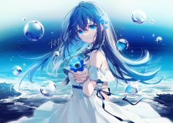 Rule 34 | blue eyes, blue flower, blue hair, blue ribbon, blue sky, breasts, bubble, collared dress, commentary request, cowboy shot, dress, flower, from side, holding, holding flower, horizon, light particles, long hair, looking at viewer, looking to the side, medium breasts, ocean, off-shoulder dress, off shoulder, original, oshio (dayo), ribbon, sky, smile, tears, vignetting, white dress