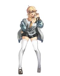 Rule 34 | 1girl, bad id, bad pixiv id, black nails, blonde hair, breasts, cleavage, cross, cross necklace, full body, glasses, hair ornament, hairclip, hand on own hip, hand up, highres, jewelry, long hair, looking at viewer, nail polish, necklace, open mouth, original, rang go, red eyes, shoes, simple background, skirt, skull print, solo, thighhighs, white background