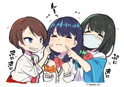 Rule 34 | 3girls, ^ ^, brown hair, closed eyes, closed eyes, girl sandwich, gridman universe, hassu, long hair, mago, mask, mouth mask, multiple girls, namiko, poking, sandwiched, simple background, ssss.gridman, surgical mask, takarada rikka, wavy mouth, white background