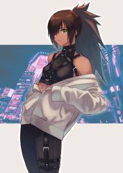 Rule 34 | 1girl, beige background, black pants, black shirt, breasts, brown hair, chest harness, cityscape, closed mouth, commentary request, cowboy shot, crop top, dark-skinned female, dark skin, green eyes, hair over one eye, halterneck, halterneck, hara kenshi, harness, highres, hood, hoodie, light smile, long hair, long sleeves, looking at viewer, midriff peek, off shoulder, original, pants, ponytail, shirt, skin tight, sleeveless, sleeveless shirt, sleeves past wrists, small breasts, solo, thigh strap, v, white hoodie, zone (hara kenshi)