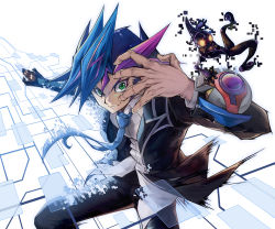 Rule 34 | 1boy, blazer, blue hair, blue necktie, closed mouth, cowboy shot, digital dissolve, duel disk, fujiki yusaku, green eyes, ignis (yuu-gi-ou), jacket, lazward, male focus, multicolored hair, mysterious lifeform, necktie, open clothes, open jacket, outstretched arm, pink hair, school uniform, smile, spiked hair, transformation, white background, yellow eyes, yu-gi-oh!, yu-gi-oh! vrains, yuu-gi-ou, yuu-gi-ou vrains