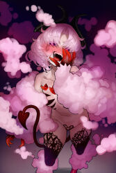 1girl absurdres black_thighhighs breasts colored_smoke commentary_request demon_girl demon_tail ekrea_jan fangs fingernails glowing glowing_eyes heart highres horns looking_at_viewer navel open_mouth original pink_eyes pink_hair revealing_clothes sharp_fingernails sharp_teeth short_hair small_breasts smile smoke succubus-chan_(ekrea_jan) tail teeth thighhighs wavy_hair