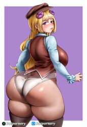 Rule 34 | 1girl, 2024, absurdres, artist name, ass, ass focus, batpornery, blonde hair, blue shirt, blush, breasts, brown hat, brown thighhighs, brown vest, buttons, clenched hand, collared shirt, commentary, contrapposto, dimples of venus, embarrassed, english commentary, female focus, frilled sleeves, frills, from behind, frown, hat, highres, hime cut, hip focus, huge ass, large breasts, lips, long hair, long sleeves, looking at viewer, looking back, original, panties, purple eyes, school uniform, shirt, sideboob, skindentation, solo, thick thighs, thighhighs, thighs, underwear, very long hair, vest, white panties, wide hips