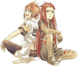 Rule 34 | 00s, 2boys, asch (tales), fingerless gloves, gloves, green eyes, long hair, luke fon fabre, male focus, miho (mi), multiple boys, open mouth, red hair, surcoat, tales of (series), tales of the abyss, white background