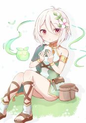Rule 34 | 1girl, :o, absurdres, armlet, arms up, basket, belt pouch, commentary request, day, dress, drop shadow, elf, flower, food, food on face, grass, hair between eyes, hair flower, hair ornament, highres, holding, holding food, iyo (ya na kanji), knees together feet apart, knees up, kokkoro (princess connect!), looking at viewer, on grass, on ground, onigiri, outdoors, partial commentary, pointy ears, pouch, princess connect!, red eyes, rice, rice on face, sandals, short hair, silver hair, sitting, sleeveless, sleeveless dress, solo, two-tone dress
