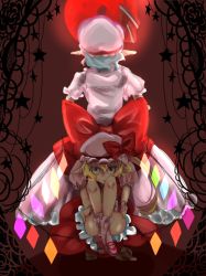 Rule 34 | 2girls, bow, female focus, flandre scarlet, from behind, hat, hat bow, moon, multiple girls, no wings, pointy ears, red moon, remilia scarlet, siblings, sisters, sitting, sketch, standing, star (symbol), tarou-san (yotaro), touhou