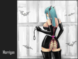 Rule 34 | 1girl, alternate costume, aqua hair, ark (morita hitomi), ass, bare shoulders, bat (animal), belt, black dress, black gloves, black thighhighs, blunt bangs, boots, breasts, capcom, character name, collar, corset, cowboy shot, cross-laced clothes, cuffs, demon girl, dress, elbow gloves, frilled dress, frills, from behind, gloves, green hair, hand on own hip, handcuffs, head wings, heart, hip focus, holding, lace, lace-trimmed panties, lace trim, large breasts, long hair, looking at viewer, looking back, morrigan aensland, narrow waist, panties, profile, red eyes, red panties, short dress, sideboob, sidelocks, solo, standing, thigh boots, thighhighs, thong, underwear, vampire (game), wallpaper, window, wings, zipper