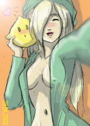 Rule 34 | 00s, 1girl, 2009, blonde hair, blush, breasts, cleavage, collarbone, covered erect nipples, closed eyes, hair over one eye, jay phenrix, long hair, luma (mario), mario (series), navel, nintendo, one eye closed, open clothes, rosalina, smile, solo, star (symbol), super mario galaxy, wink