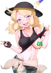Rule 34 | 1girl, :d, armband, bare shoulders, black gloves, black hat, black tank top, blonde hair, blue eyes, blush, bodypaint, breasts, calenda (kemono friends), clothes lift, collarbone, commentary, covered erect nipples, fingerless gloves, gloves, hat, hat feather, highres, japari symbol, kemono friends, kemono friends 3, large breasts, lifting own clothes, long hair, low twintails, masuyama ryou, navel, nipples, one breast out, open mouth, sidelocks, simple background, smile, solo, stomach, tank top, twintails, v, white background
