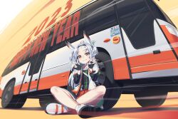 Rule 34 | 1girl, 2023, animal ears, black gloves, bus, closed mouth, coffeiz p, commentary request, finger counting, fingerless gloves, full body, gloves, grey hair, happy new year, highres, indian style, jacket, long hair, long sleeves, looking at viewer, motor vehicle, new year, orange eyes, original, shoes, sitting, smile, solo, topknot, two side up, w, white footwear, white jacket