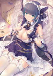 Rule 34 | 1girl, absurdres, anchor, aqua eyes, azur lane, black hair, blue eyes, blunt bangs, breasts, cheshire (azur lane), cleavage, closed mouth, commentary request, earrings, eicam, fang, frilled thighhighs, frills, garter straps, highres, jewelry, large breasts, looking at viewer, maid headdress, multicolored hair, short hair, signature, sitting, streaked hair, thighhighs, twitter username, wavy mouth, white thighhighs, wrist cuffs