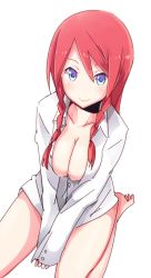 Rule 34 | 1girl, :&gt;, bare legs, between legs, blue eyes, blush, braid, breasts, cleavage, collarbone, hand between legs, hong meiling, large breasts, long hair, naked shirt, red hair, seiza, shiroshi (denpa eshidan), shirt, simple background, sitting, sleeves past wrists, smile, solo, touhou, twin braids, v arms, white background