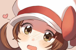 Rule 34 | 1girl, blush, bow, brown eyes, brown hair, cabbie hat, commentary request, creatures (company), eyelashes, face, game freak, hat, hat bow, heart, heart-shaped pupils, long hair, looking at viewer, lyra (pokemon), nasakixoc, nintendo, open mouth, pokemon, pokemon hgss, red bow, simple background, solo, symbol-shaped pupils, tongue, twintails, white hat