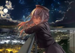 Rule 34 | 1girl, :d, absurdres, against railing, black headwear, black shirt, black skirt, braid, city, city lights, closed eyes, cloud, cup, dark-skinned female, dark skin, full moon, highres, holding, holding cup, hololive, inaba teitoku, laughing, long hair, meteor, meteor shower, moon, mug, night, night sky, open mouth, pointy ears, railing, scenery, shiranui flare, shiranui flare (street), shirt, shooting star, sidelocks, silver hair, skirt, sky, smile, solo, star (sky), starry sky, virtual youtuber