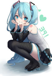Rule 34 | 1girl, 39, absurdres, bare shoulders, black footwear, black skirt, black sleeves, blue eyes, blue hair, boots, breasts, commentary, detached sleeves, full body, grey shirt, grin, hair between eyes, hako momiji, hatsune miku, heart, highres, long hair, long sleeves, miku day, pleated skirt, shadow, shirt, simple background, skirt, sleeveless, sleeveless shirt, small breasts, smile, solo, squatting, thigh boots, twintails, very long hair, vocaloid, white background, wide sleeves