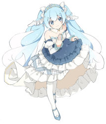 Rule 34 | 1girl, agonasubi, bare shoulders, beamed eighth notes, blue dress, blue eyes, blue hair, cape, commentary, detached sleeves, dress, earrings, eighth note, fortissimo, framed breasts, frilled dress, frills, from above, full body, hair ornament, hand on own chest, hatsune miku, jewelry, layered dress, light blue hair, long hair, looking at viewer, multicolored hair, musical note, musical note hair ornament, princess, puffy detached sleeves, puffy sleeves, skirt hold, smile, snowflake earrings, snowflake print, solo, standing, strapless, strapless dress, striped sleeves, tiara, twintails, two-tone hair, very long hair, vocaloid, white background, white hair, white legwear, white sleeves, yuki miku, yuki miku (2019)