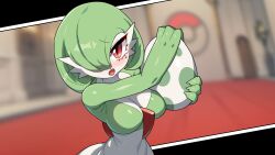 Rule 34 | 1girl, arms up, blurry, blurry background, blush, bob cut, breasts, colored skin, creatures (company), drunkoak, dutch angle, egg, female focus, game freak, gardevoir, gen 3 pokemon, green hair, green skin, hair over one eye, highres, holding, holding egg, indoors, looking at viewer, medium breasts, mole, mole under eye, multicolored skin, nintendo, one eye covered, open mouth, personification, poke ball symbol, pokemon, pokemon (creature), pokemon egg, raised eyebrows, red eyes, shiny skin, short hair, solo, standing, tears, two-tone skin, upper body, white skin