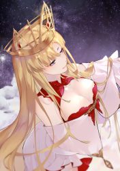Rule 34 | 1girl, bare shoulders, blonde hair, blue eyes, blush, breasts, cleavage, cleavage cutout, closed mouth, clothing cutout, cloud, commentary request, crown, detached sleeves, europa (fate), fate/grand order, fate (series), from above, from side, large breasts, leaning forward, long hair, long sleeves, neko (ganecooo), night, night sky, pink lips, sky, smile, solo, star (sky), starry sky, straight hair, two-tone dress, very long hair