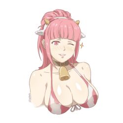Rule 34 | 1girl, animal ear hairband, animal ears, animal print, bare shoulders, bell, bikini, breasts, choker, cleavage, collar, commentary request, cow ears, cow horns, cow print, cow print bikini, fake animal ears, female focus, fire emblem, fire emblem: three houses, fire emblem warriors: three hopes, front-tie bikini top, front-tie top, grin, hairband, highres, hilda valentine goneril, horns, large breasts, long hair, looking at viewer, matching hair/eyes, neck bell, nintendo, official alternate hairstyle, one eye closed, parted lips, pink eyes, pink hair, pink lips, print bikini, simple background, smile, solo, sparkle, swimsuit, tak0baka, twitter username, upper body, white background, wink