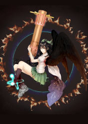 Rule 34 | 1girl, absurdres, arm cannon, asymmetrical clothes, asymmetrical footwear, black hair, bow, cape, female focus, hair bow, highres, large wings, long hair, md5 mismatch, mismatched footwear, morya, red eyes, reiuji utsuho, resolution mismatch, smile, solo, touhou, weapon, wings