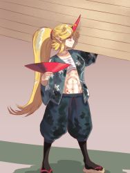Rule 34 | 1girl, abs, alternate costume, alternate hairstyle, baggy shorts, black legwear, blonde hair, blue shorts, carrying, carrying over shoulder, commentary request, cup, geta, highres, hoshiguma yuugi, long hair, looking to the side, muscular, muscular female, pointy ears, ponytail, sakazuki, sandals, sarashi, shadow, shorts, solo, sunnysideup, touhou, wide sleeves