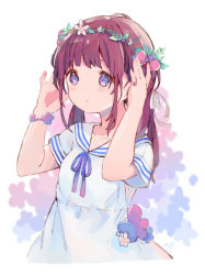 Rule 34 | 1girl, :o, bad id, bad pixiv id, blue ribbon, blush, brown hair, collarbone, commentary request, dress, floral background, food, fruit, hair ribbon, hands up, head wreath, long hair, looking away, neck ribbon, original, parted lips, purple eyes, ribbon, sailor collar, sailor dress, sencha (senta 10), short sleeves, signature, solo, strawberry, twintails, upper body, white background, white dress, white ribbon, white sailor collar
