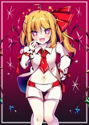 Rule 34 | 1girl, ahoge, blonde hair, flandre scarlet, kujou mikuru, looking at viewer, mesugaki, open mouth, red ribbon, ribbon, shirt, short shorts, shorts, side ponytail, smile, solo, touhou, white shirt, wings