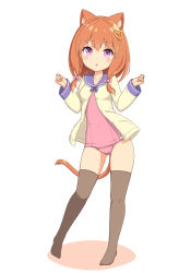 Rule 34 | 1girl, animal ears, breasts, brown hair, brown thighhighs, cat ears, cat tail, contrapposto, covered navel, full body, gluteal fold, hair ornament, heart, heart hair ornament, jacket, long hair, long sleeves, looking at viewer, open clothes, open jacket, original, parted lips, pink one-piece swimsuit, purple eyes, sasaame, school swimsuit, school uniform, serafuku, simple background, small breasts, solo, standing, standing on one leg, swimsuit, tail, thighhighs, white background, yellow jacket