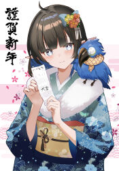 1girl absurdres ahoge alternate_costume animal animal_on_shoulder arknights bird bird_on_shoulder black_hair blue_bow blue_eyes blue_hair blue_kimono blunt_bangs blush bow bright_pupils brown_scarf closed_mouth colored_inner_hair commentary commentary_request dr.lamina egasumi english_commentary eunectes_(arknights) floral_print fur_collar glasses hair_bow happy_new_year head_tilt high_priest_(arknights) highres holding japanese_clothes kimono long_sleeves looking_at_viewer mixed-language_commentary multicolored_hair new_year obi pointy_ears print_kimono sash scarf short_hair smile tassel two-tone_hair wide_sleeves yukata